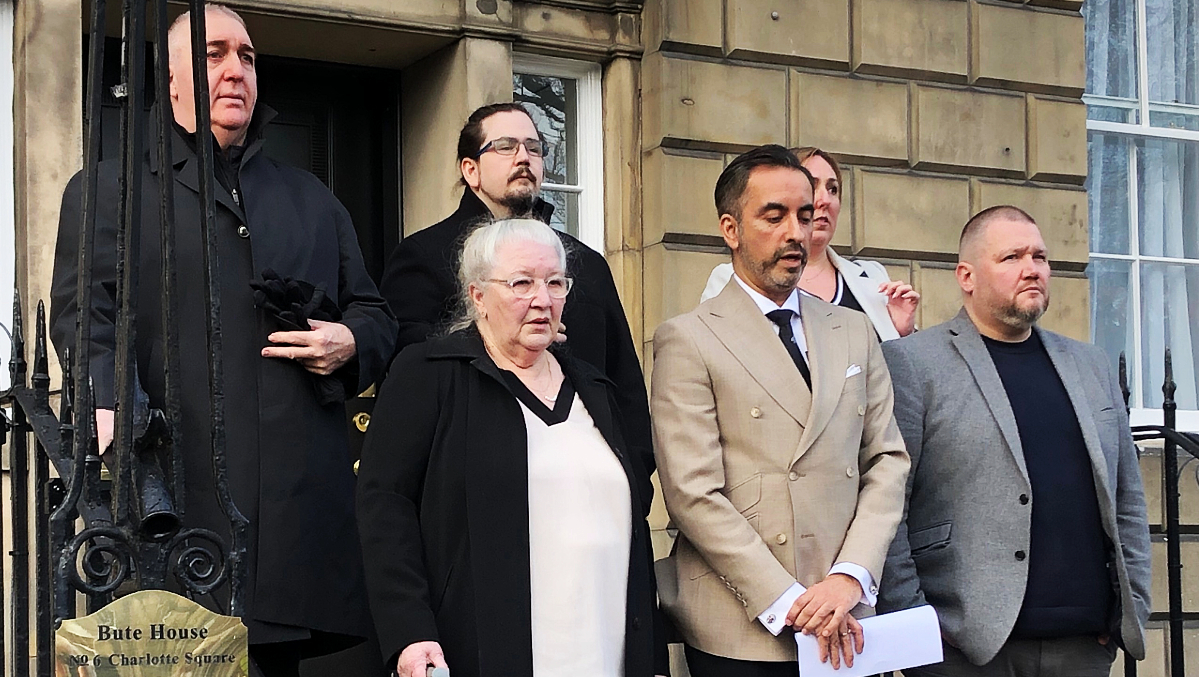 Margaret Caldwell, other members of Emma's family, and lawyer Aamer Anwar at Bute House on Tuesday.