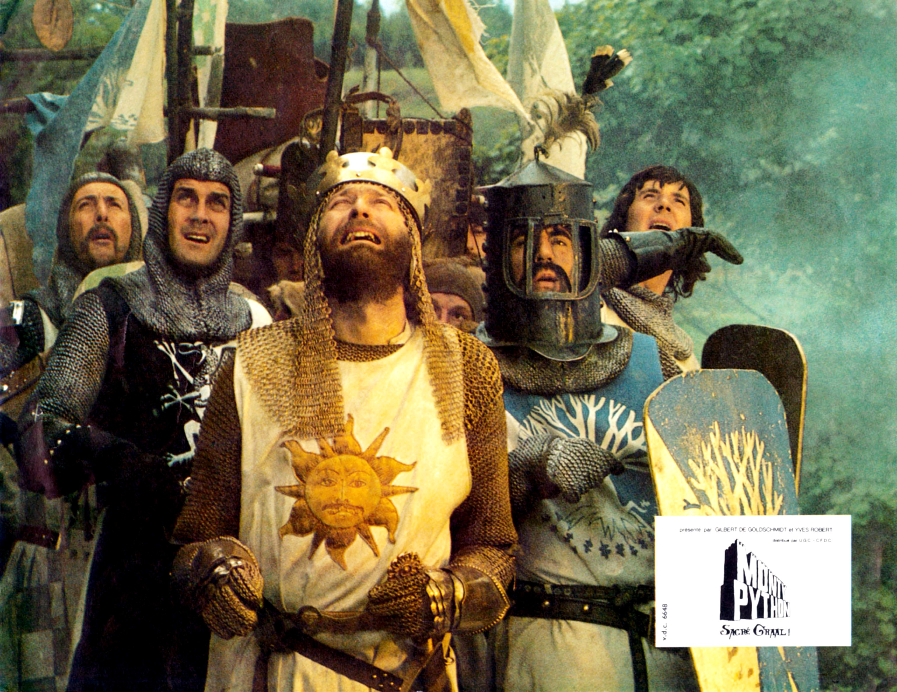 Monty Python And The Holy Grail (rear from left) Eric Idle, Michael Palin, (center from left) John Cleese, Terry Jones (helmet), Graham Chapman as King Arthur (front).