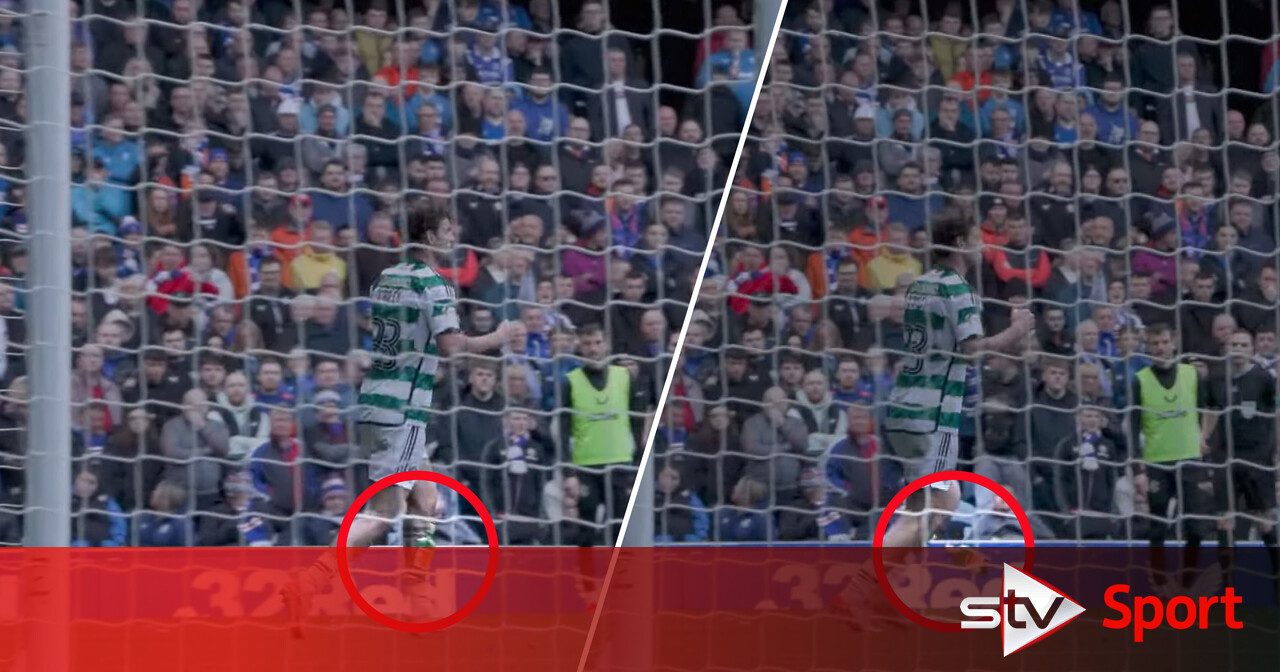 Glasflasche auf Celtic-Spieler während des Old Firm-Spiels im Ibrox ...