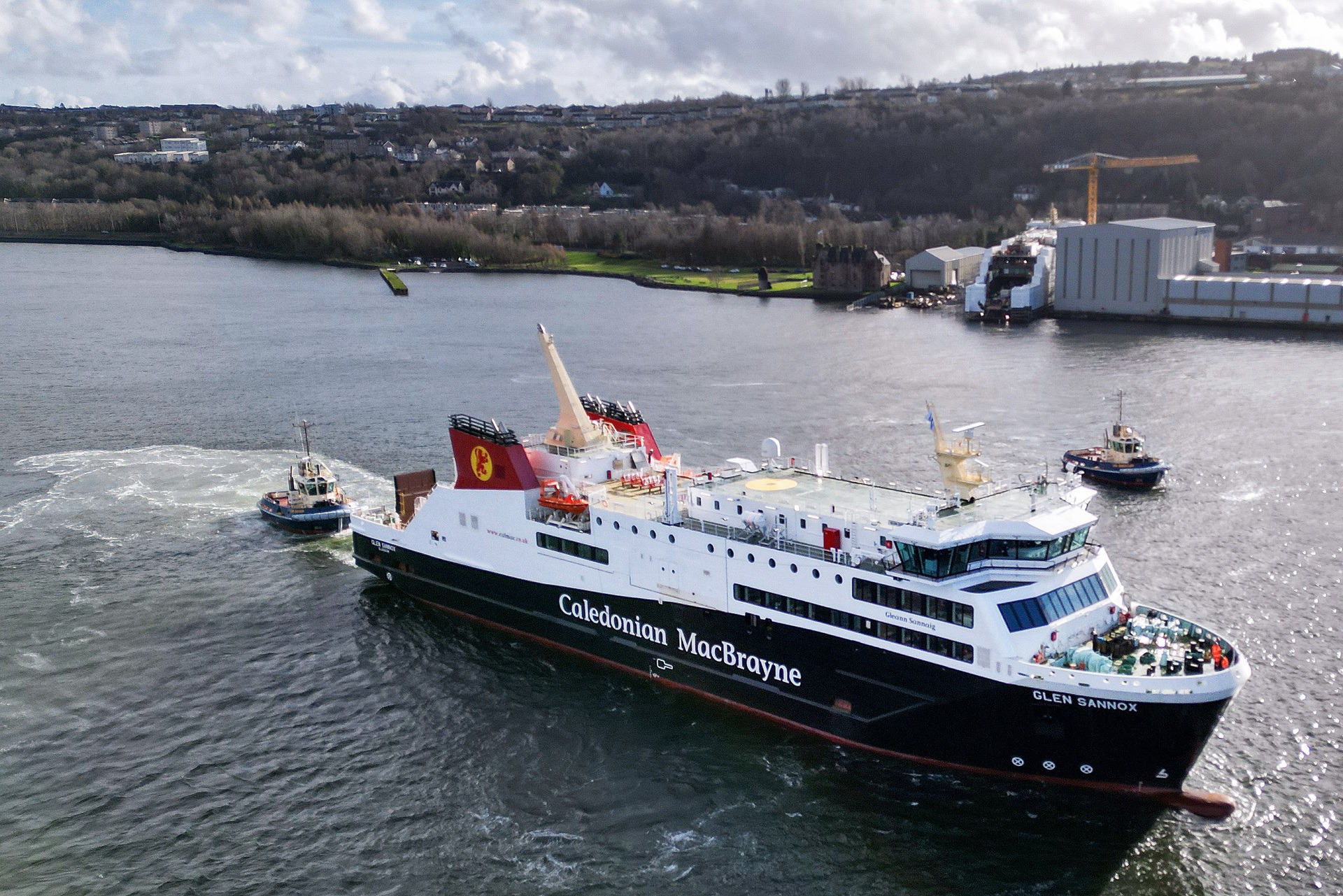 PORT GLASGOW, SCOTLAND - FEBRUARY 13: The Glen Sannox ferry departs Ferguson Marine shipyard on its maiden voyage ahead of sea trials on February 13, 2024.