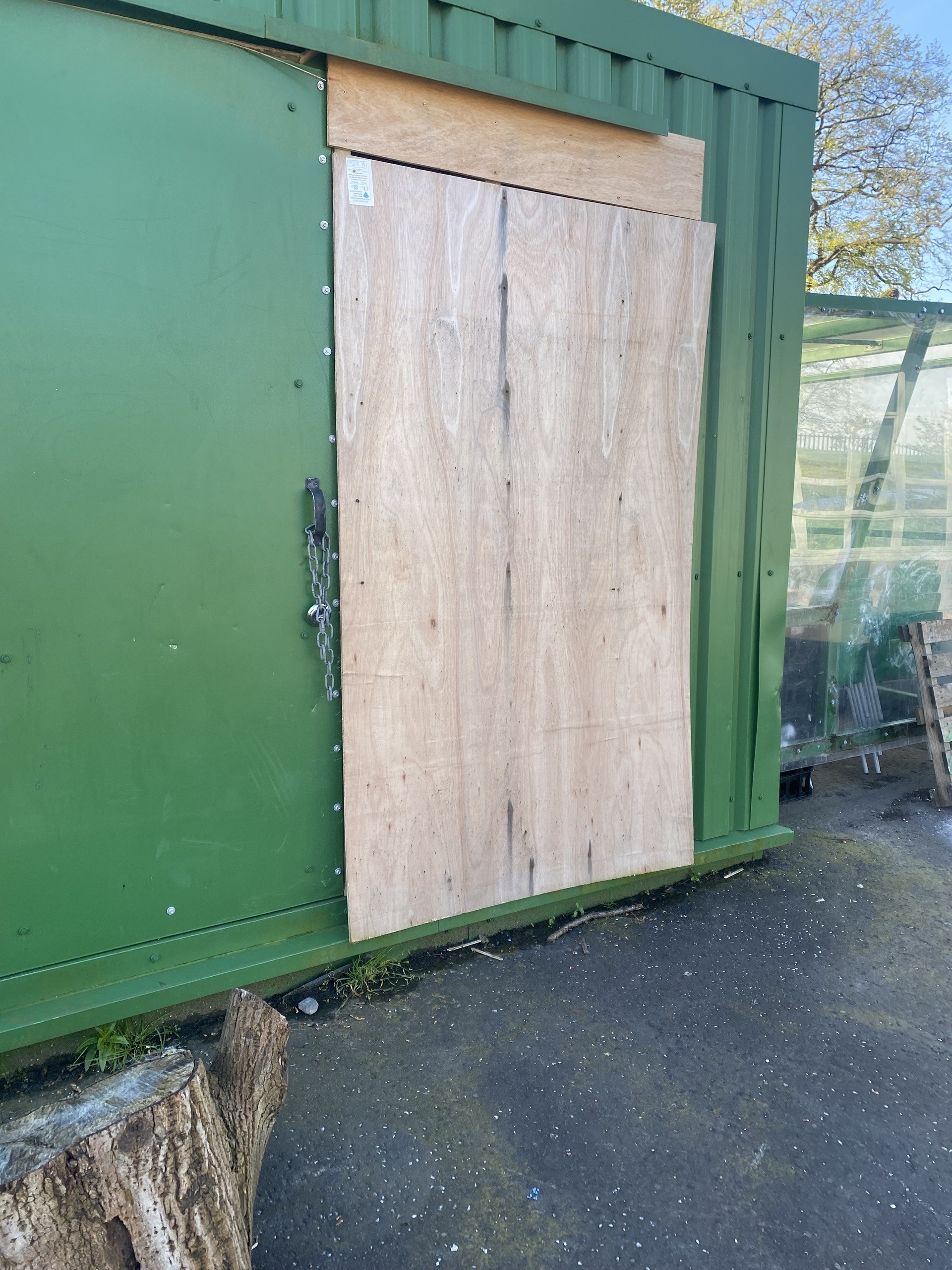One of the sheds has been boarded up due to vandalism.