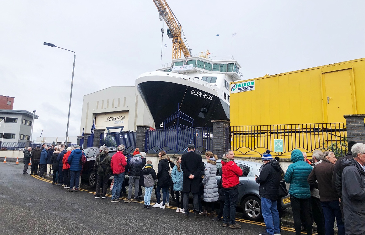 Crowds gather to watch launch of late and over-budget CalMac ferry MV Glen Rosa