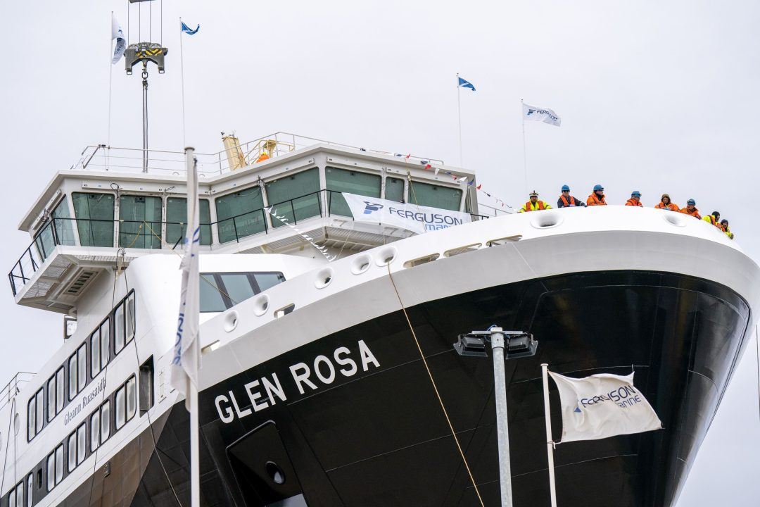 The bow of the MV Glen Rosa before being launched at the Ferguson Marine Port Glasgow shipyard