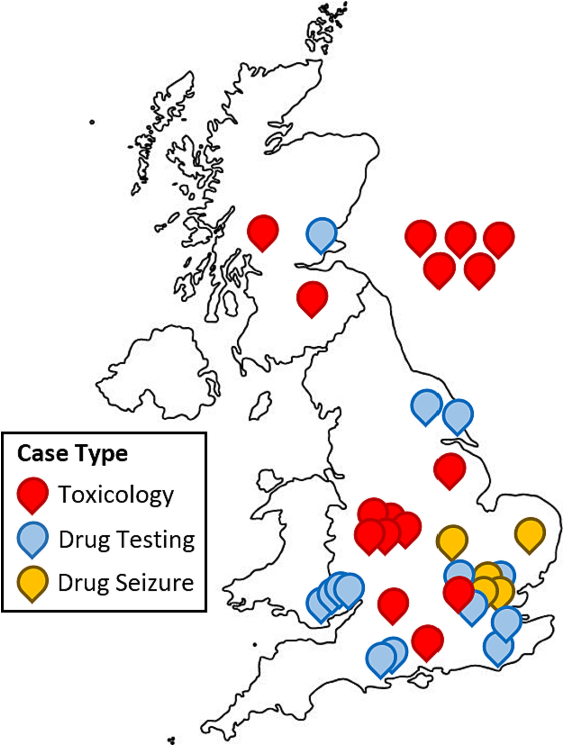 Locations of cases throughout the United Kingdom. Locations are approximated to the county or city from which they were reported. The five toxicology cases where location was completely redacted are placed to the right of the map, the two cases with area location in Scotland redacted are randomly placed. 