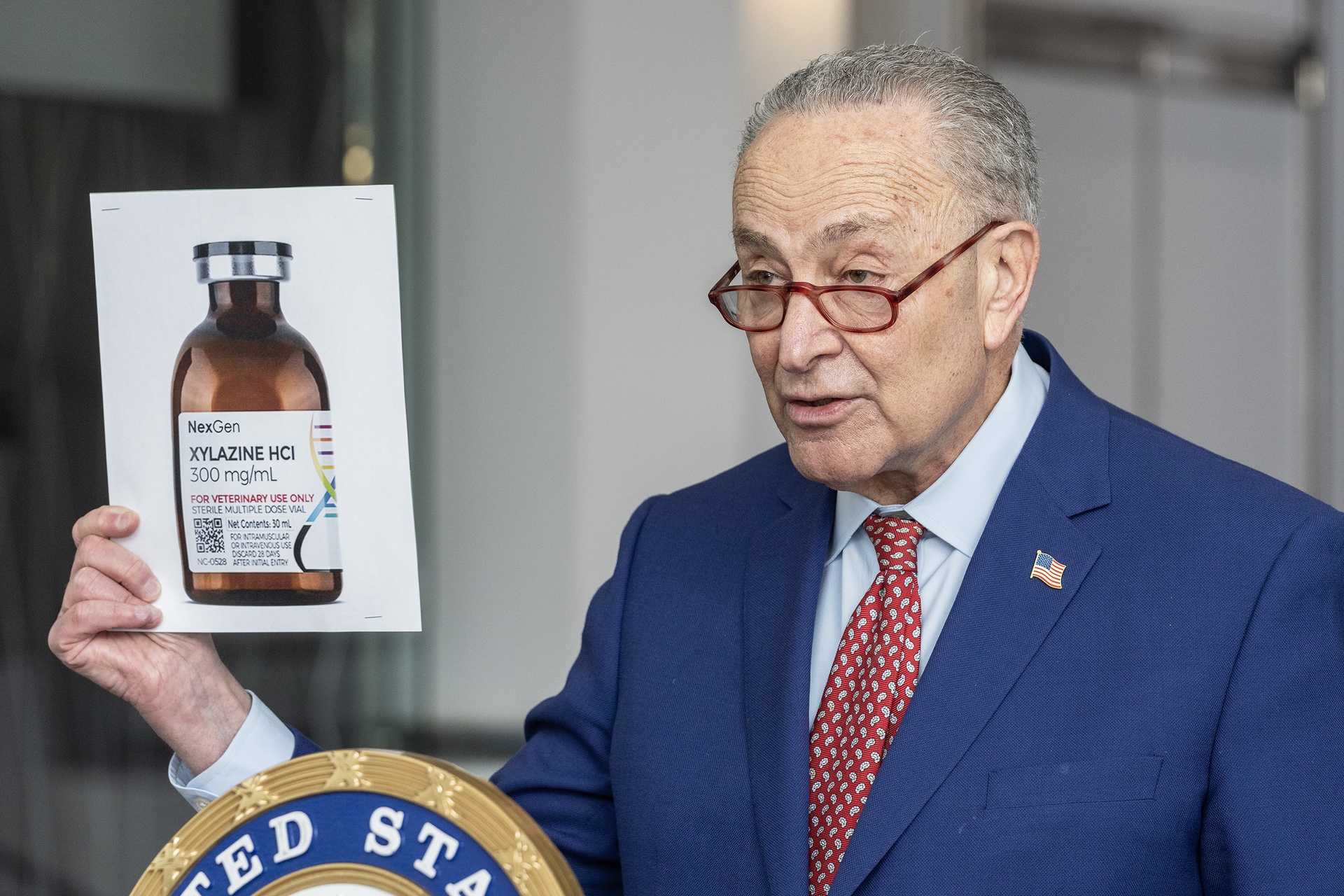 Senator Charles Schumer speaks while holding photo of bottle of drug Xylazine. The drug has become a major concern in the US and this 'public health threat has now expanded to the United Kingdom'.