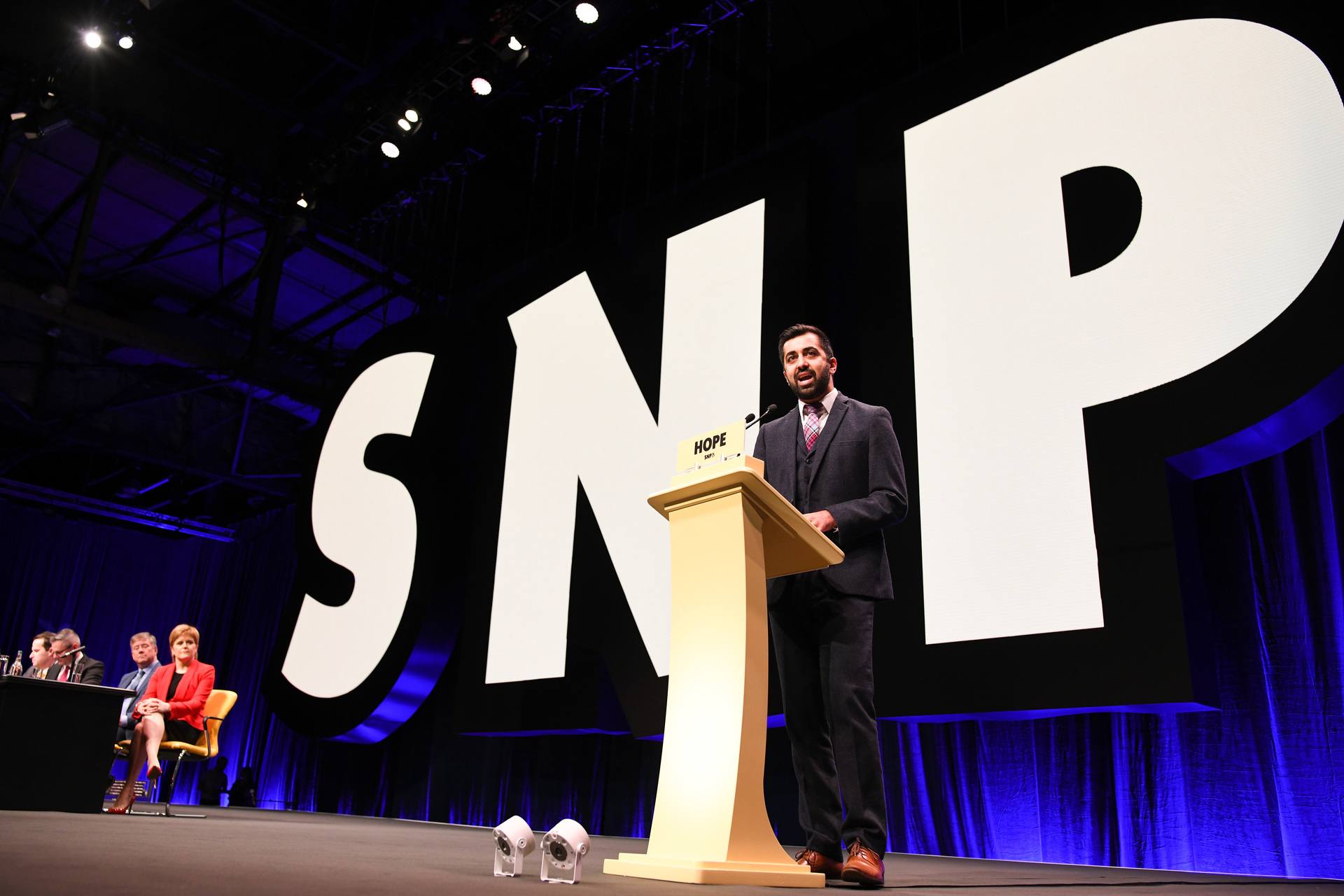 Humza Yousaf MSP, cabinet secretary for Justice, makes his keynote speech at the 84th annual SNP conference at the  Scottish Exhibition and Conference Centre on October 7, 2018 in Glasgow.
