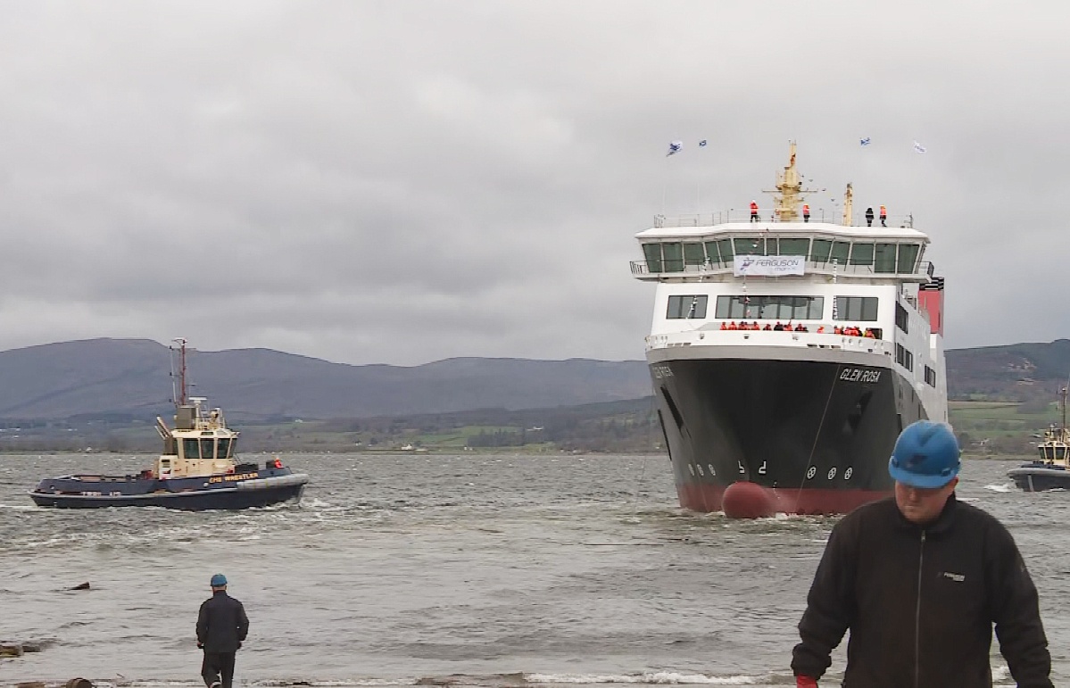 The late and over-budget CalMac ferry MV Glen Rosa launched on the Clyde.