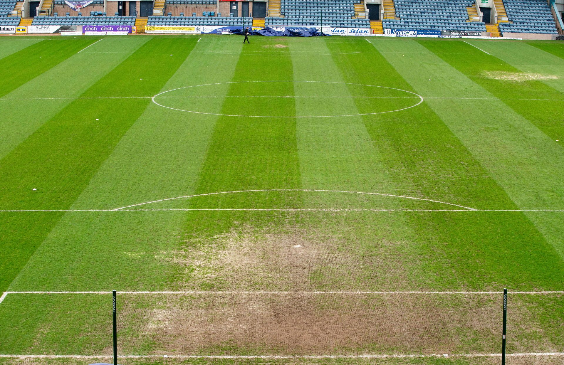 Pitch inspection ahead of a cinch Premiership match between Dundee and Rangers at the Scot Foam Stadium at Dens Park.