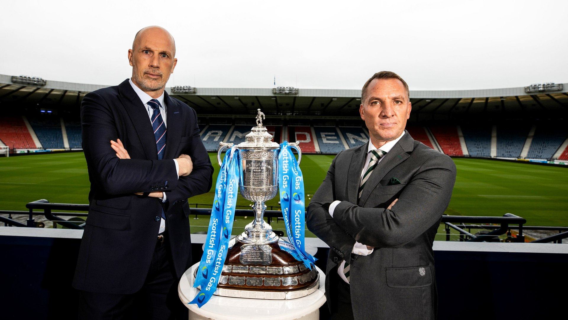 GLASGOW, SCOTLAND - MAY 23: Rangers manager Philippe Clement and Celtic manager Brendan Rodgers during a Scottish Gas Scottish Cup press conference at Hampden Park, on May 23, 2024, in Glasgow, Scotland. (Photo by Craig Williamson / SNS Group)
