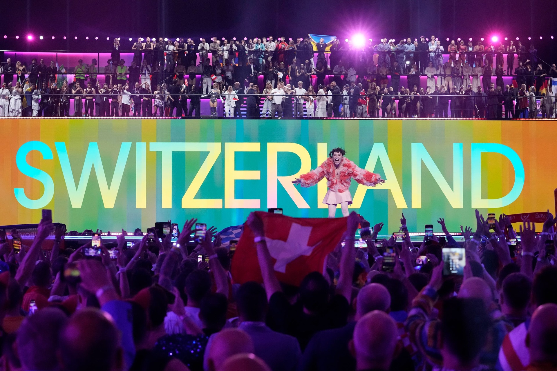 Nemo of Switzerland, celebrates after winning the Grand Final of the Eurovision Song Contest.