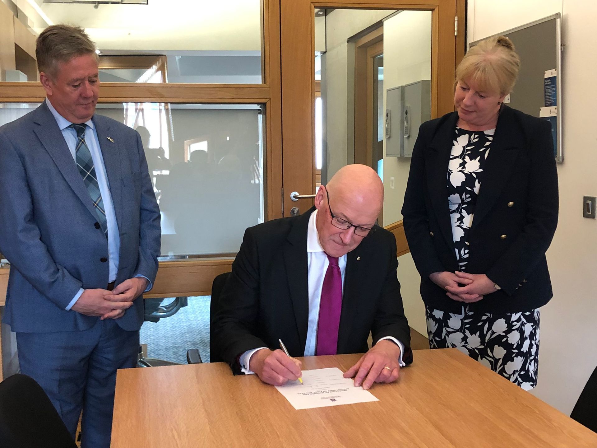 John Swinney signs nomination to be first minister alongside Keith Brown and Shona Robison.
