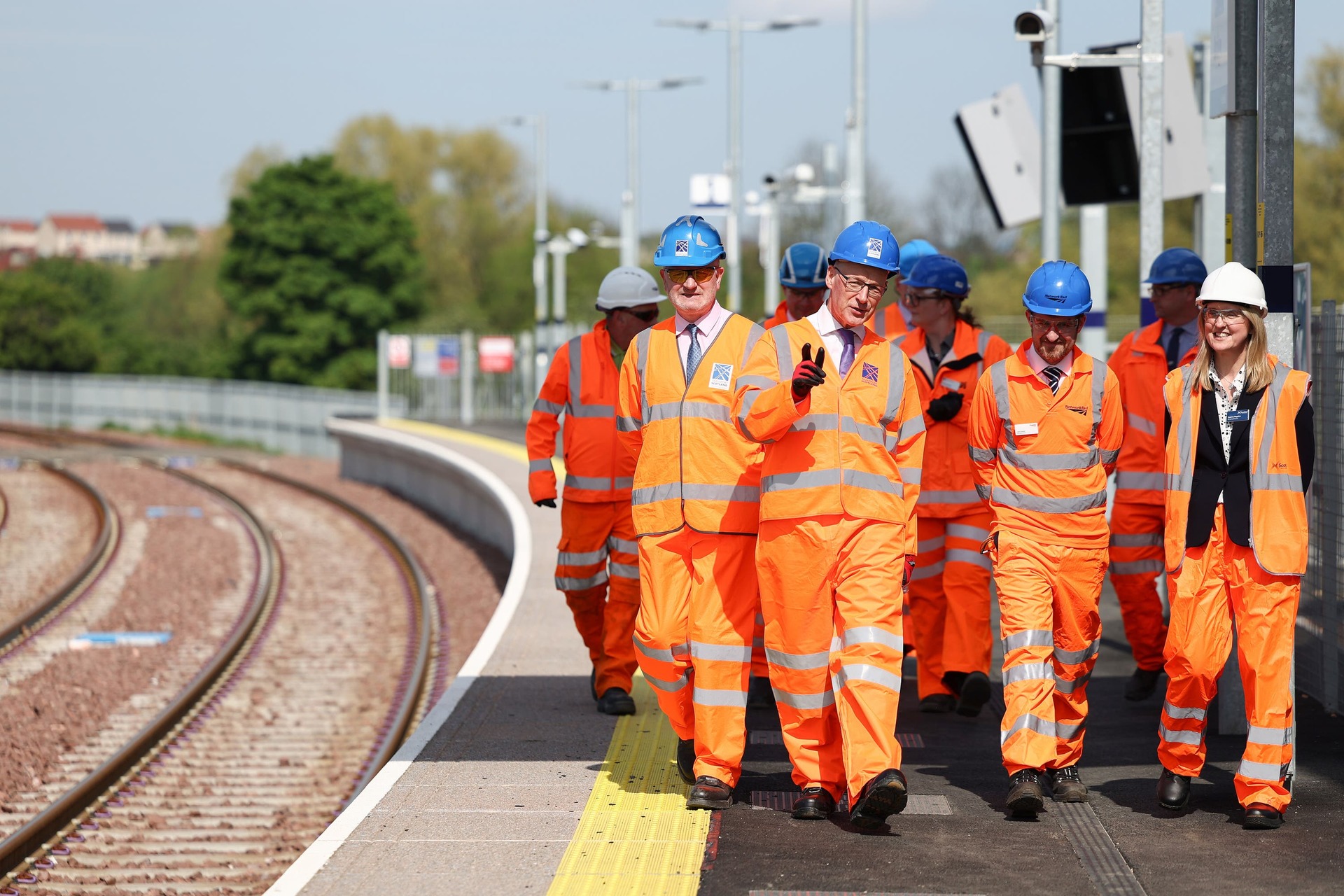 First Minister John Swinney during a visit to meet project leads and apprentices working on the Levenmouth rail link (Jeff J Mitchell/PA)