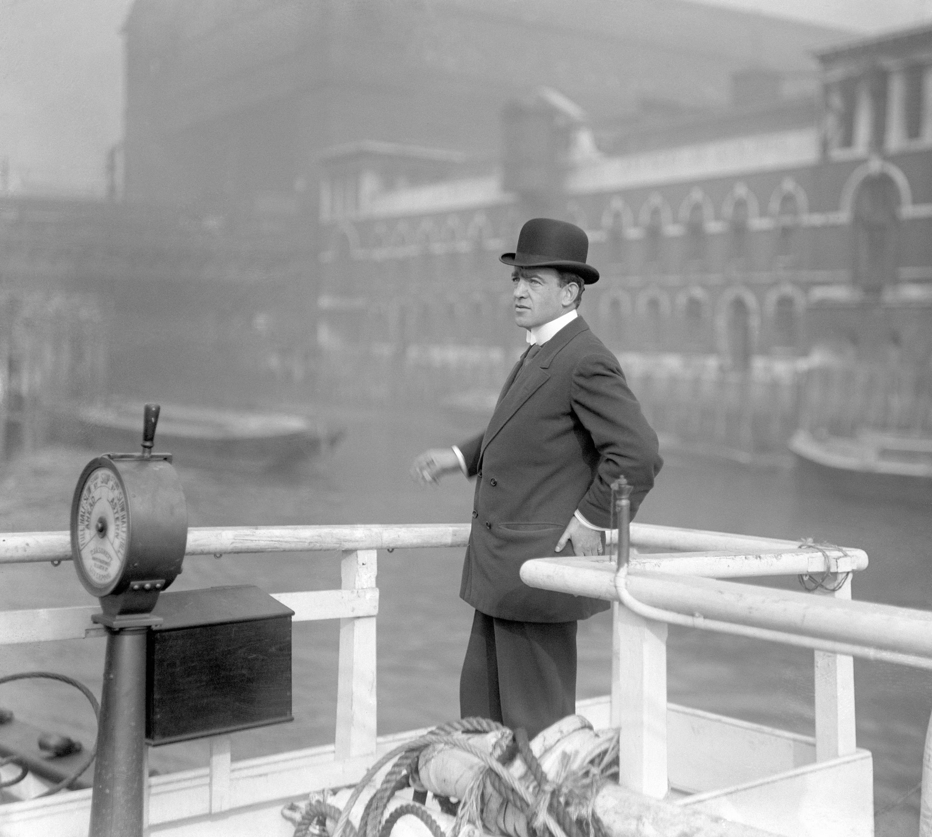 Ernest Shackleton on the bridge of the Nimrod, moored on the Thames