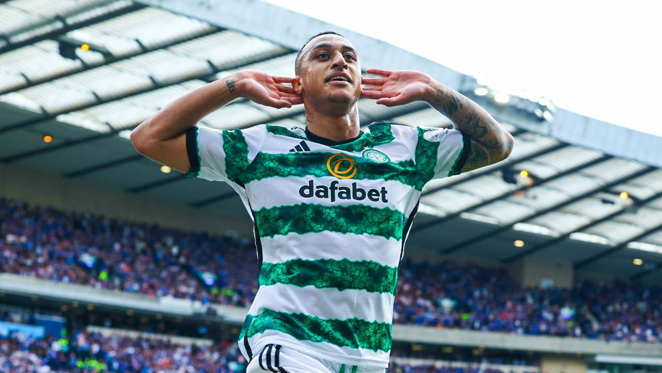 GLASGOW, SCOTLAND - MAY 25: Celtic's Adam Idah celebrates after scoring to make it 1-0 during a Scottish Gas Scottish Cup final match between Celtic and Rangers at Hampden Park, on May 25, 2024, in Glasgow, Scotland. (Photo by Craig Foy / SNS Group)