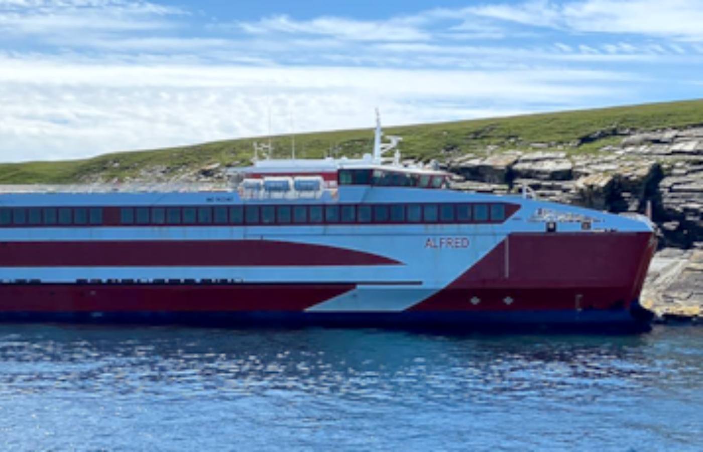 Passenger ferry MV Alfred grounded on the east coast of Swona Island, Pentland Firth, Scotland.