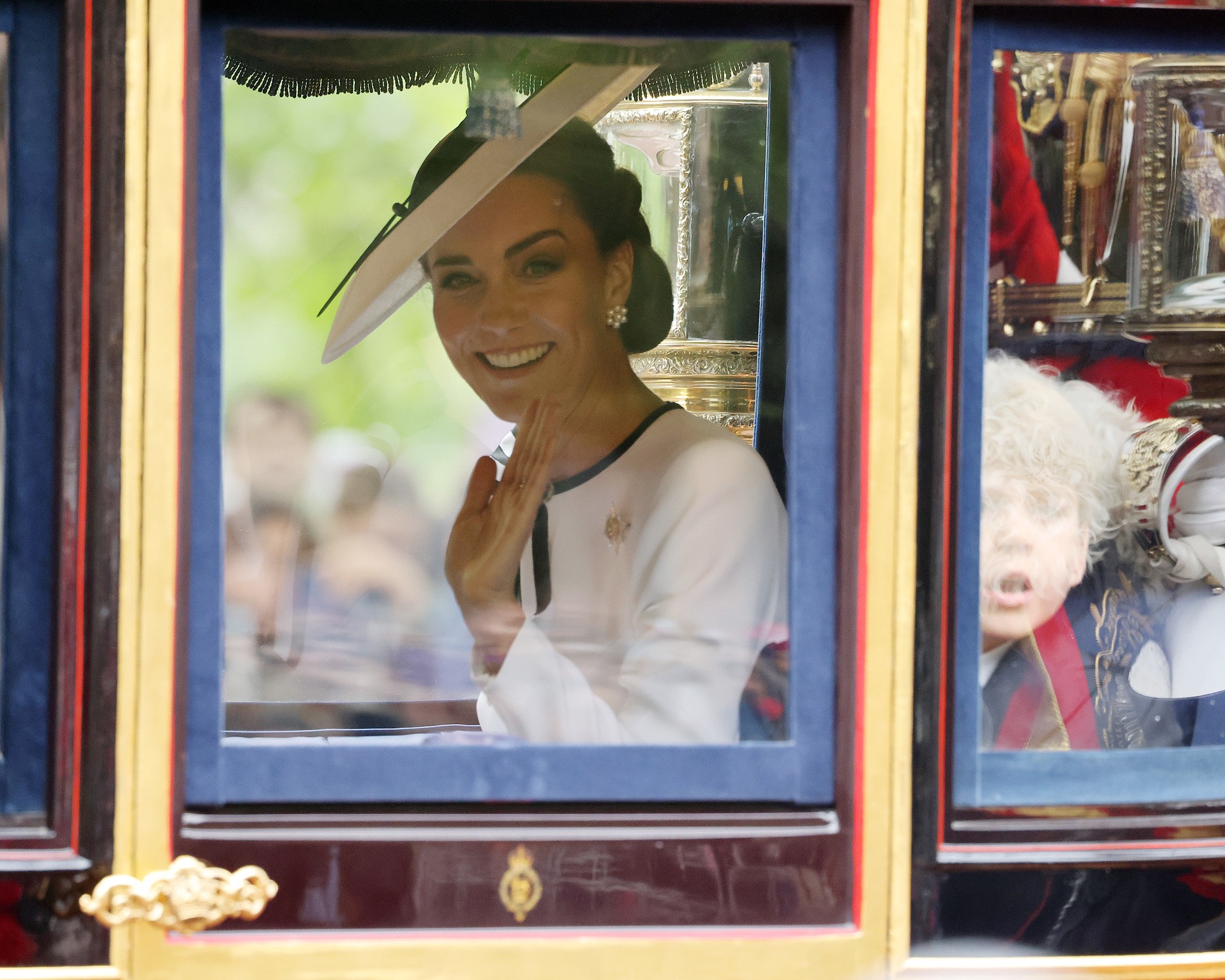 Catherine, Princess of Wales and Prince Louis of Wales during Trooping the Colour on June 15, 2024 in London, England. Trooping the Colour is a ceremonial parade celebrating the official birthday of the British Monarch. The event features over 1,400 soldiers and officers, accompanied by 200 horses. More than 400 musicians from ten different bands and Corps of Drums march and perform in perfect harmony. (Photo by Neil Mockford/GC Images)