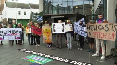 Climate activists protest against plans to build second gas burning power station in Peterhead