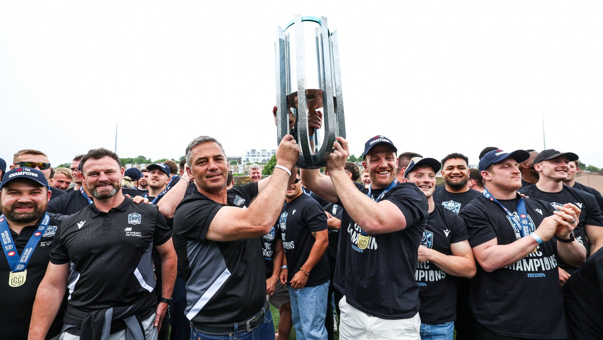 GLASGOW, SCOTLAND - JUNE 25: Franco Smith and Kyle Steyn are pictured at the Glasgow Warriors homecoming event at Scotstoun Stadium after winning the United Rugby Championship Grand Final against Vodacom Bulls in South Africa, on June 25, 2024, in Glasgow, Scotland. (Photo by Ross MacDonald / SNS Group)