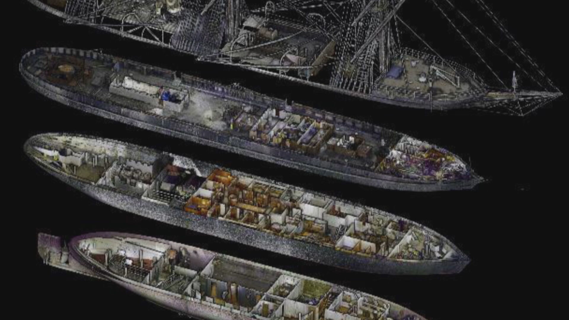 Exploded view of the RRS Discovery, showing the interior layout of each deck of the ship.