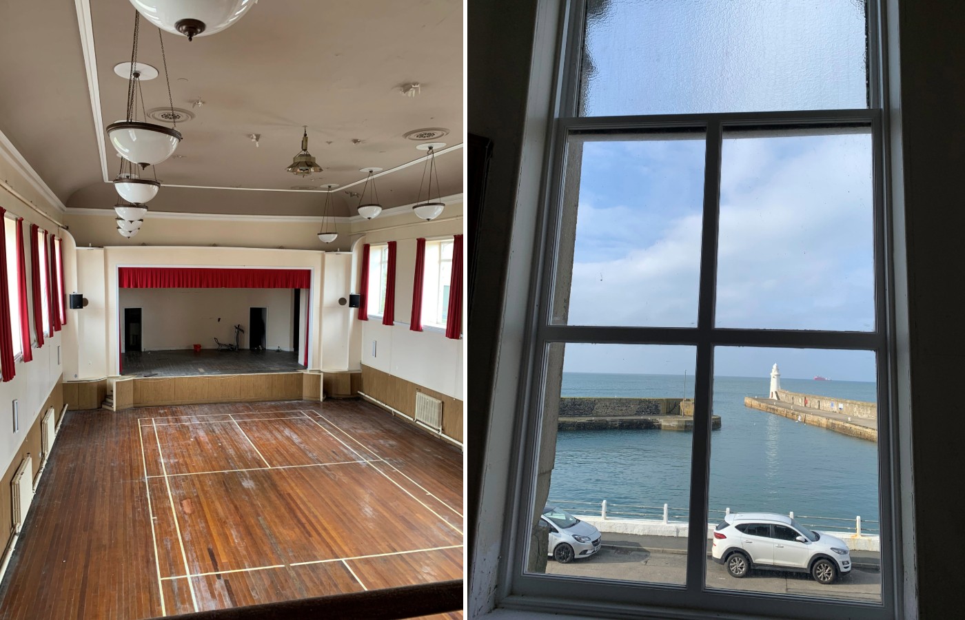 The interior of Macduff Town Hall alongside views across the harbour and out over the Moray Firth .