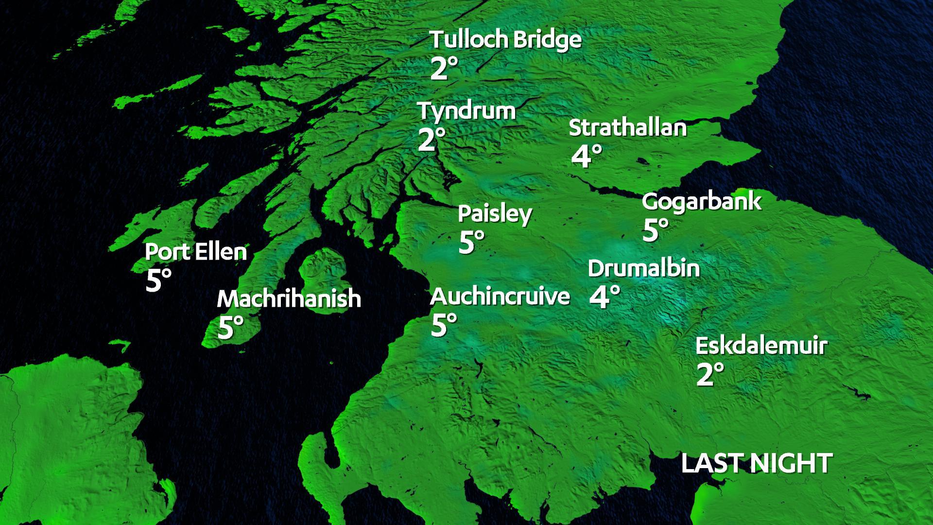 Temperatures across Scotland on Tuesday night.