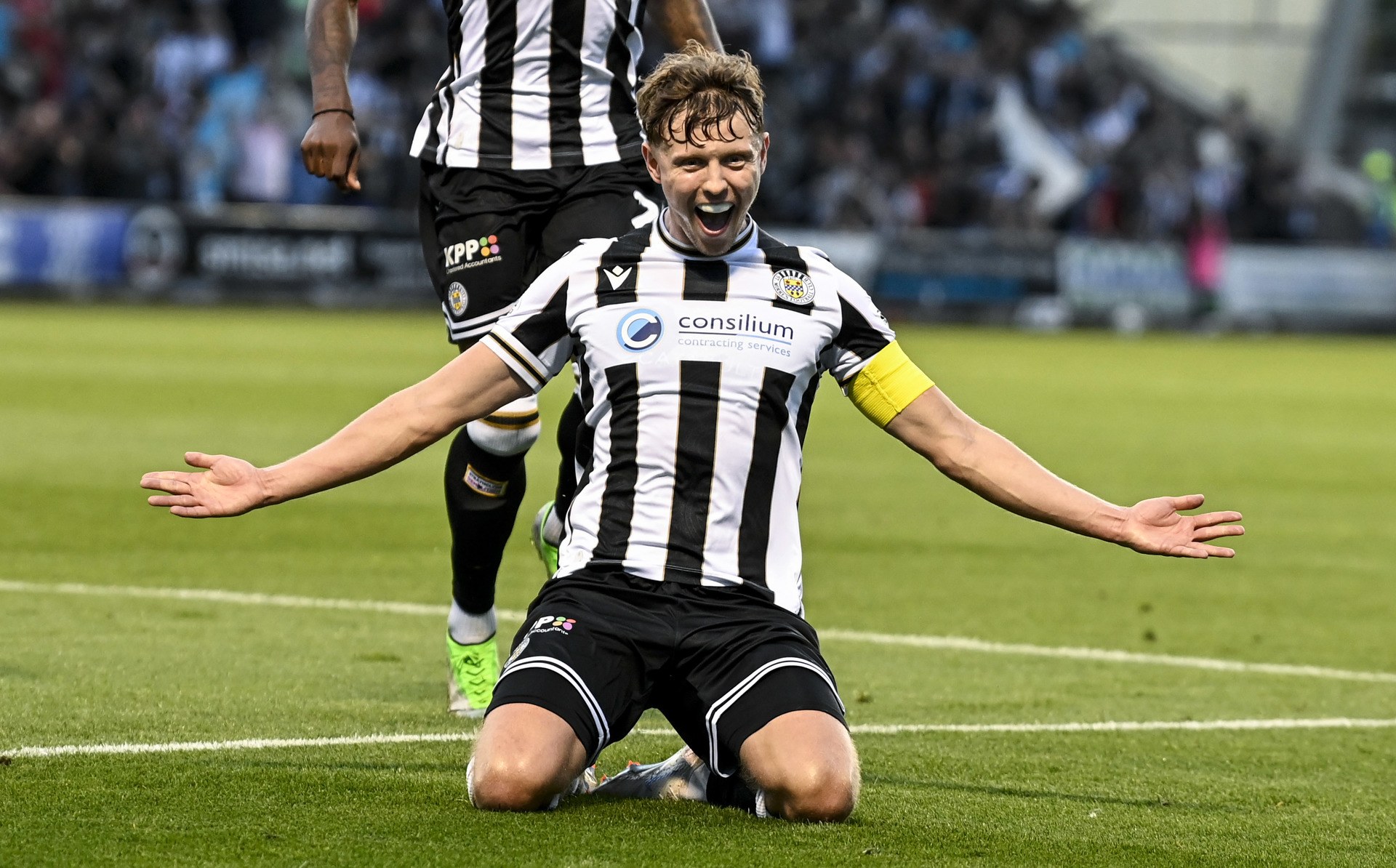 PAISLEY, SCOTLAND - AUGUST 01: St Mirren's Mark O'Hara celebrates after scoring to make it 3-0 during a UEFA Conference League 2nd Qualifying Round Second Leg match between St Mirren and Valur at the SMiSA Stadium, on August 01, 2024, in Paisley, Scotland. (Photo by Rob Casey / SNS Group)