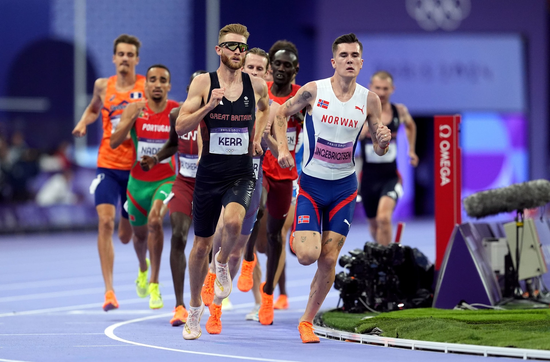 Josh Kerr, middle, and Jakob Ingebrigtsen, right, will battle for gold in Tuesday’s 1500m final.