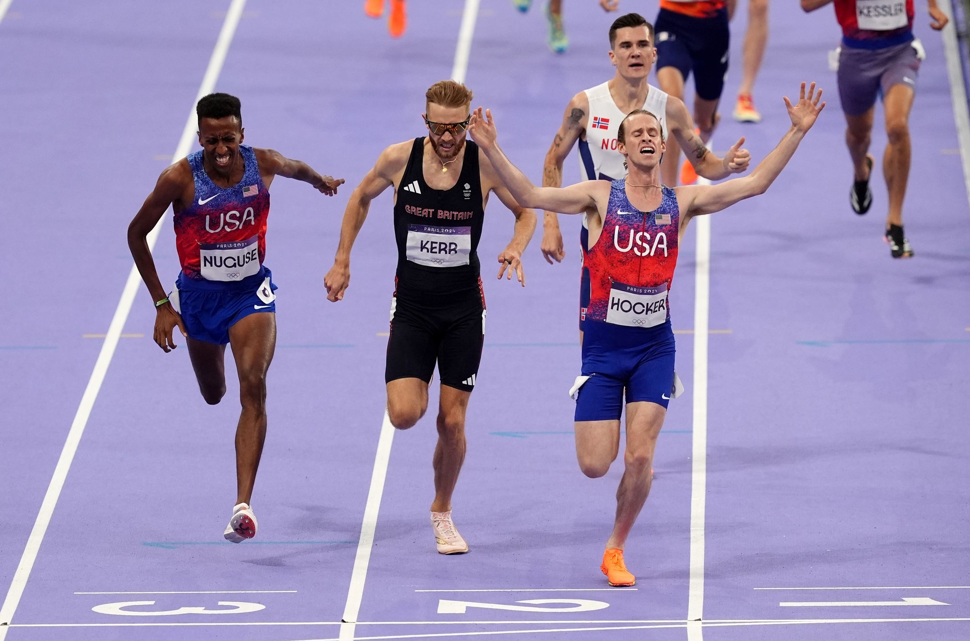 Jakob Ingebrigtsen, top right, trails medallists, right to left, Cole Hocker, Josh Kerr and Yared Nuguse.