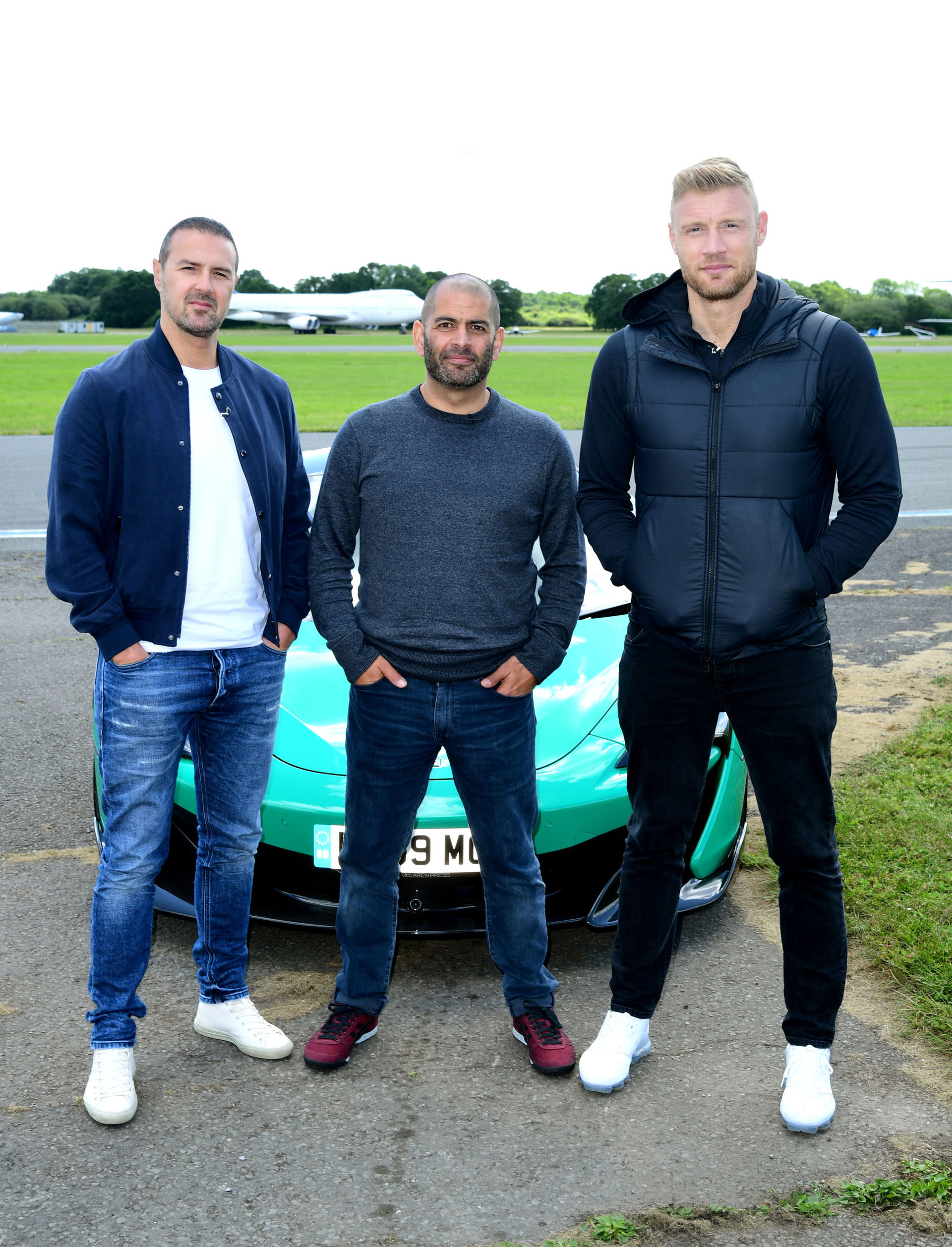 Presenters Paddy McGuinness, Chris Harris and Andrew ‘Freddie’ Flintoff at the Top Gear test track at Dunsfold Park in Surrey (Ian West/PA) 