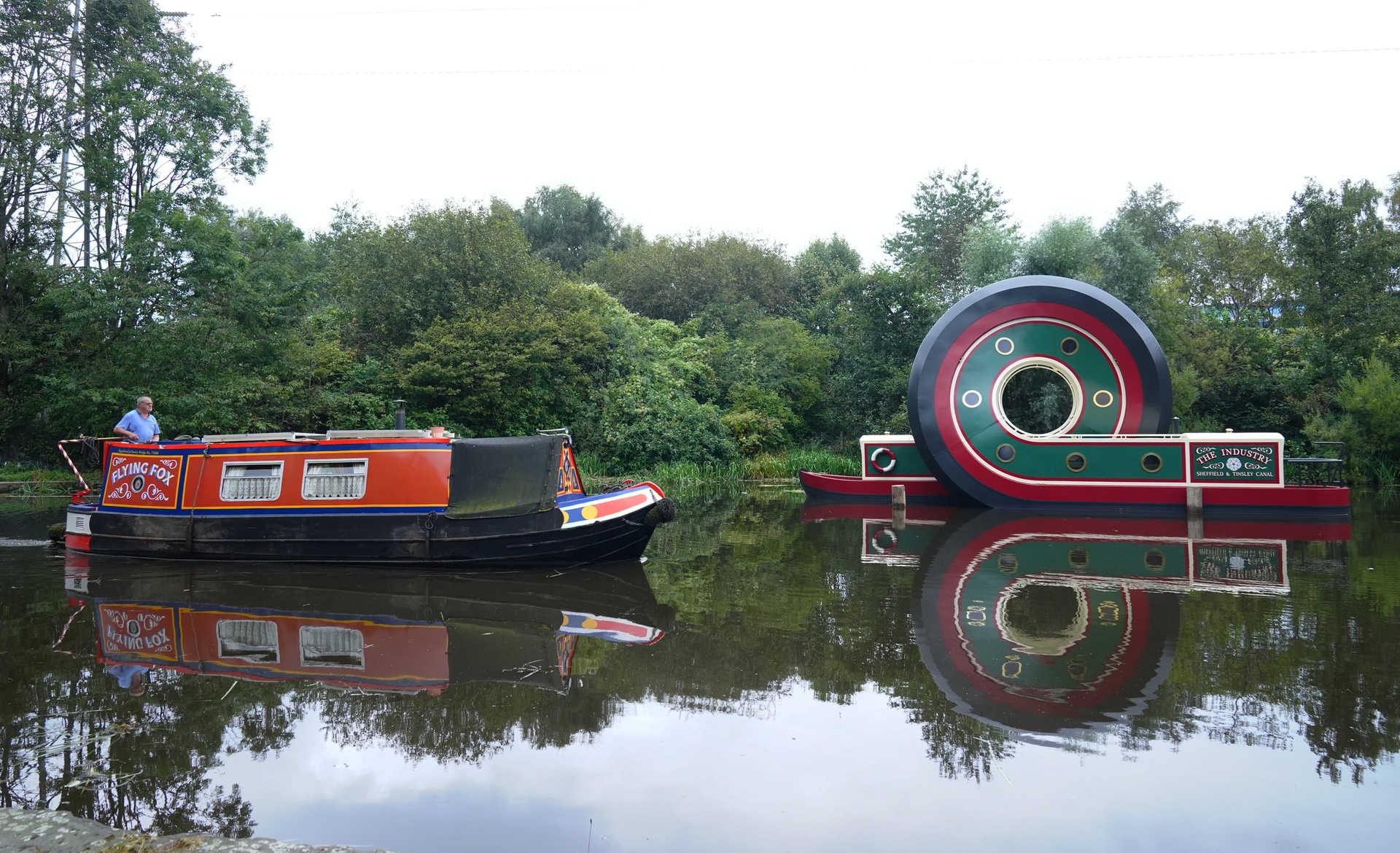 A canal boat passes the new sculpture after it was installed on the Sheffield & Tinsley Canal. 