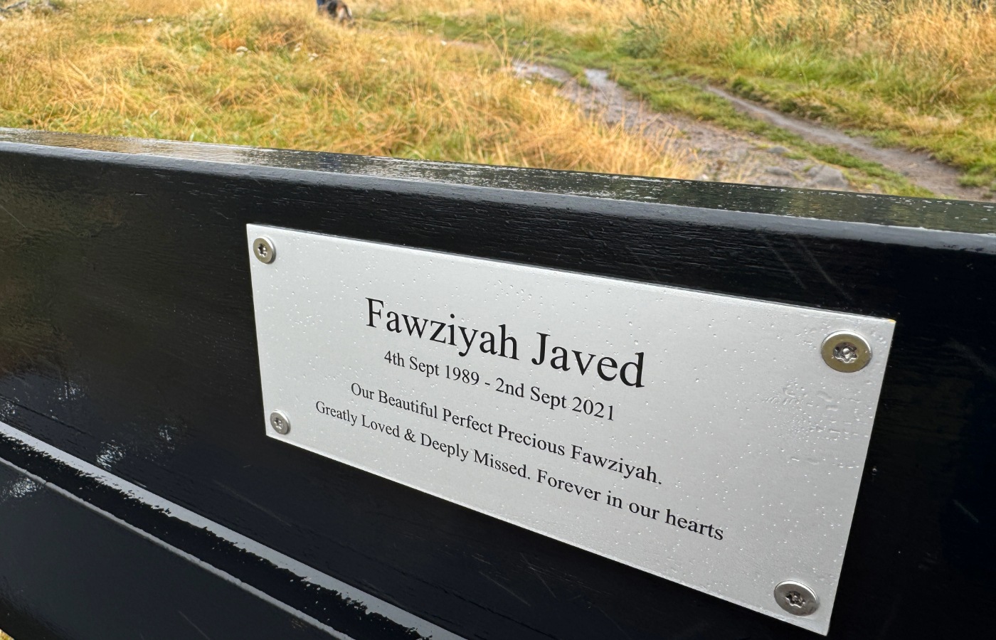 Memorial bench for Fawziyah Javed