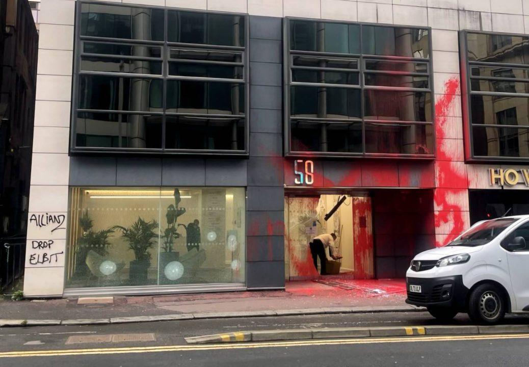 Protesters throw red paint and smash windows at Allianz office block in Glasgow over Israel arms links