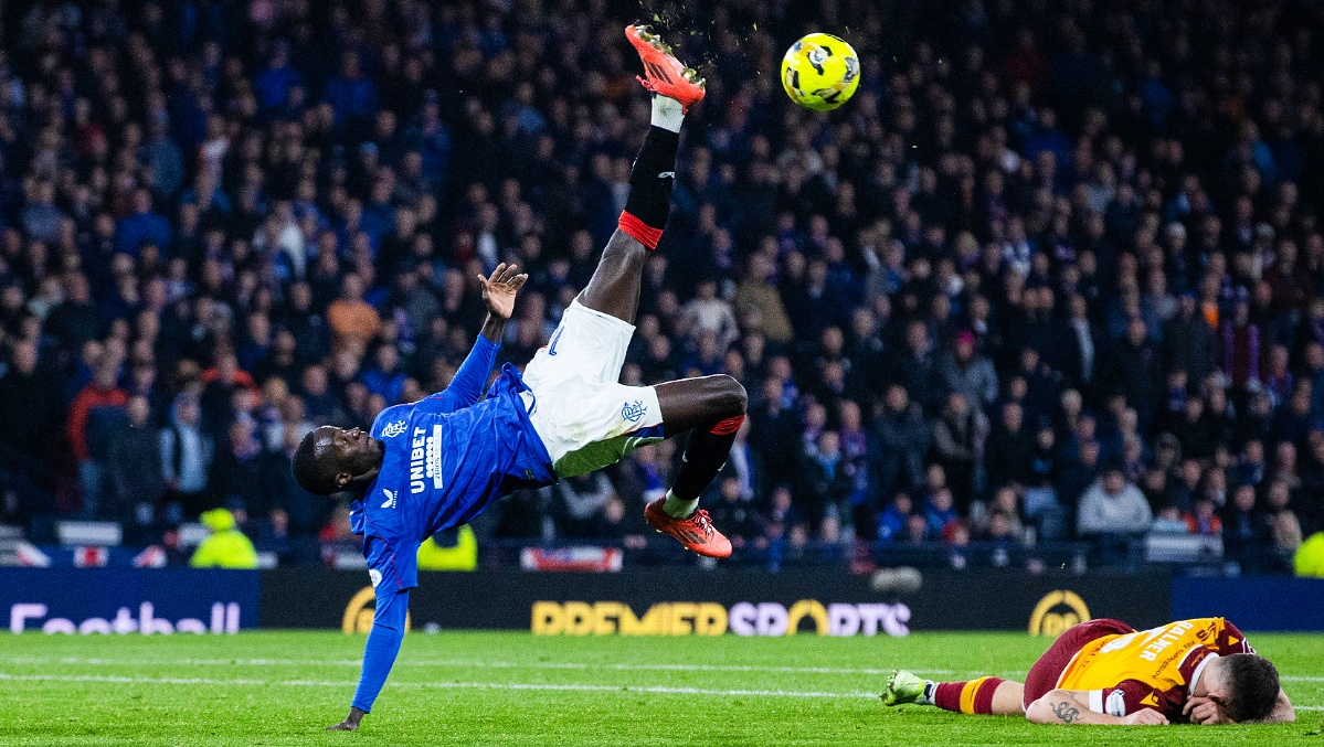 Rangers' Mohamed Diomande attempts an overhead-kick during the Premier Sports Cup semi-final match between Motherwell and Rangers at Hampden Park, on November 3.