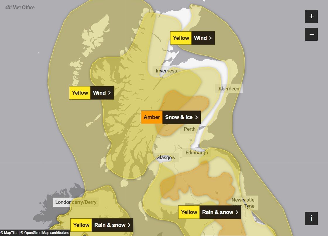 Amber weather warnings issued: Heavy snow in association with Storm Bert across central and southern parts of Scotland.