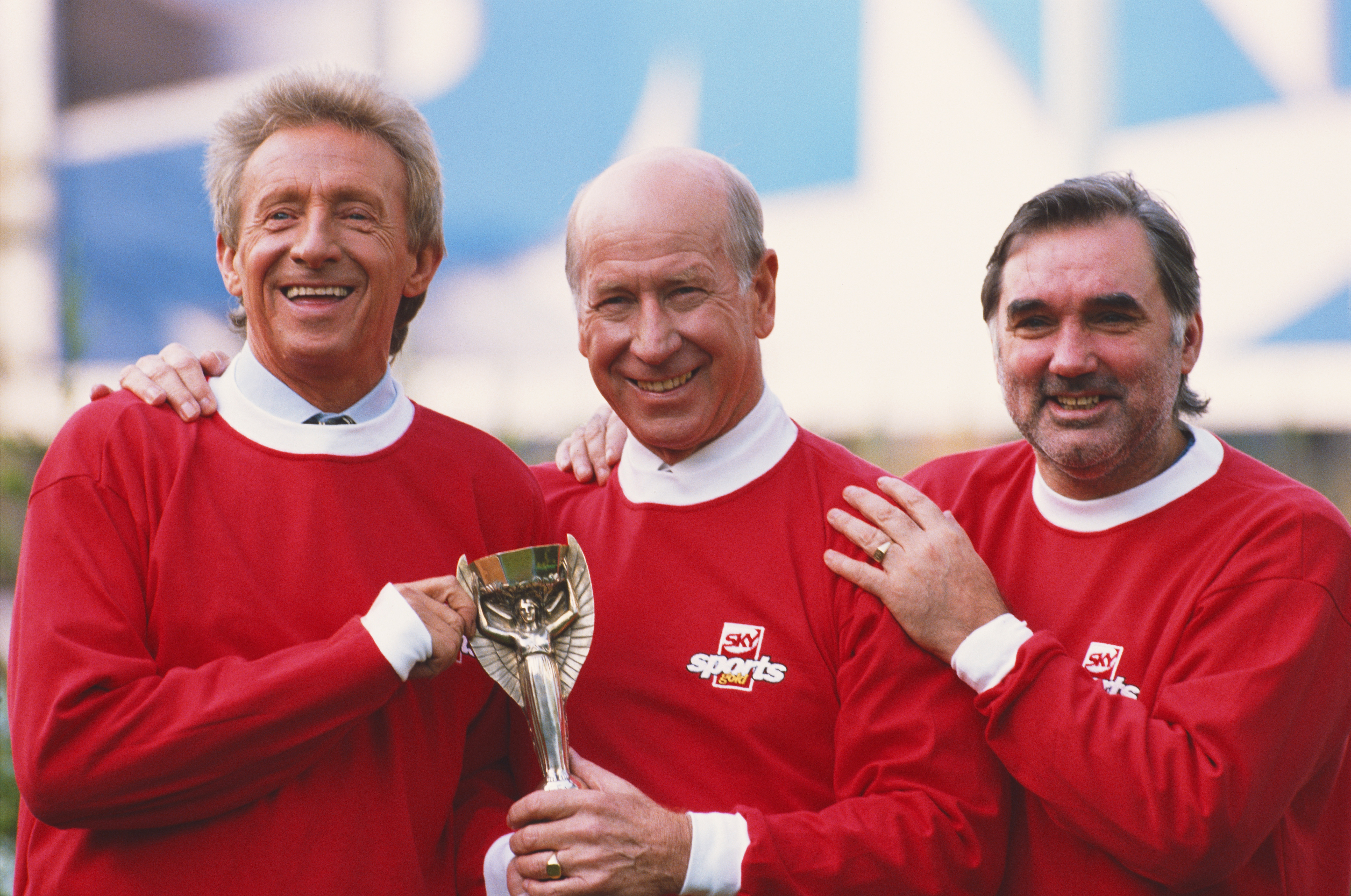 Manchester United football legends Denis Law (l) Bobby Charlton and George Best (r) pictured at the launch of the Sky Sports Gold channel in 1995.  