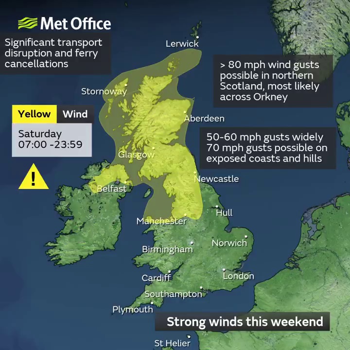 A yellow weather warning for strong winds has been extended by the Met Office to cover all of the mainland, Orkney and the Western Isles.