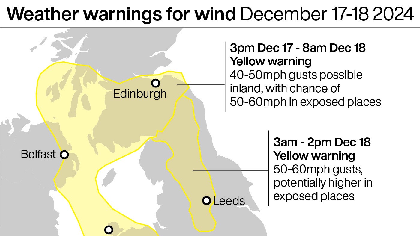 Weather warning for wind December 17-18 2024