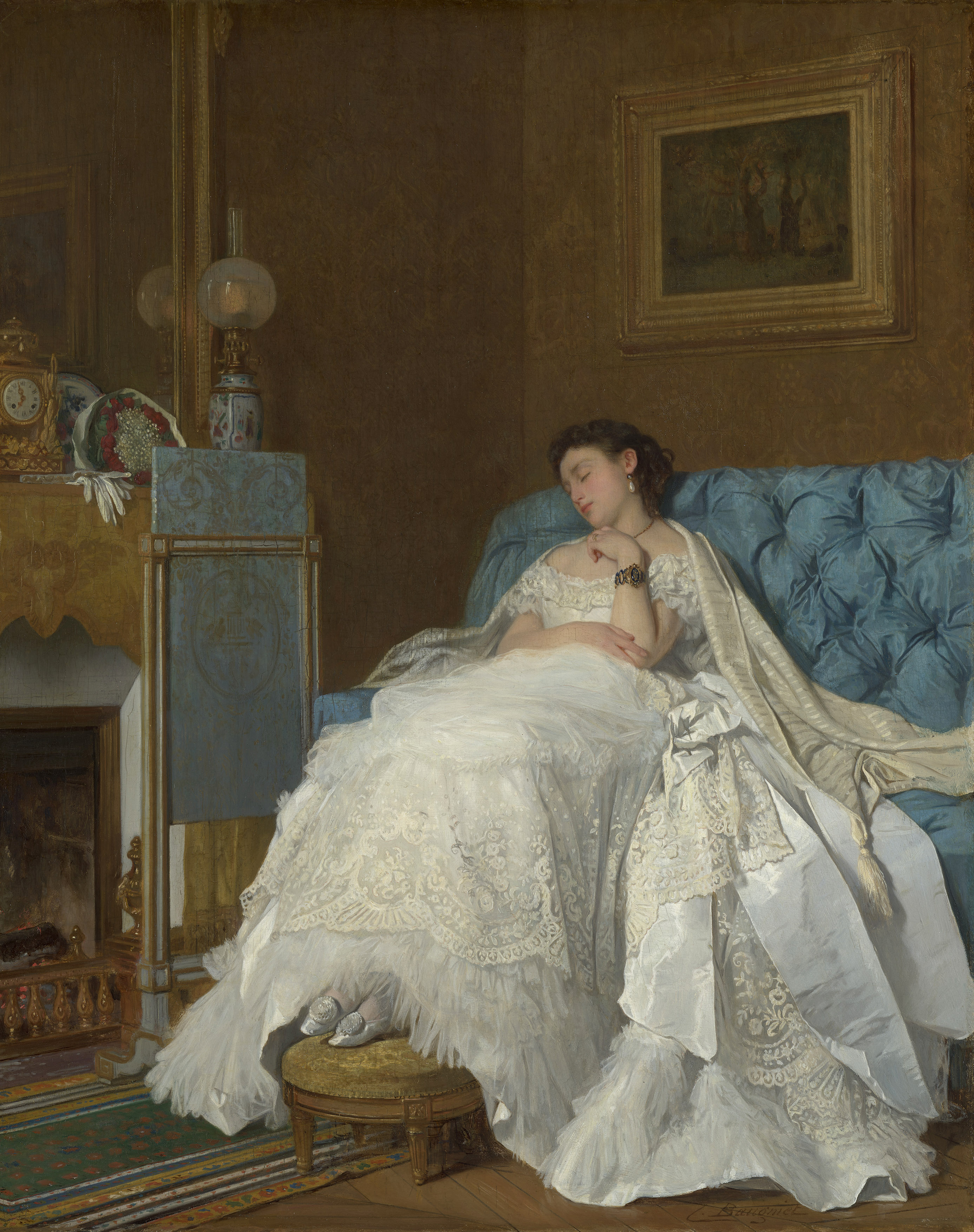 Charles Baugniet’s depiction of a lady in a ballgown asleep on a sofa (Royal Collection/HM King Charles III 2024/PA) 