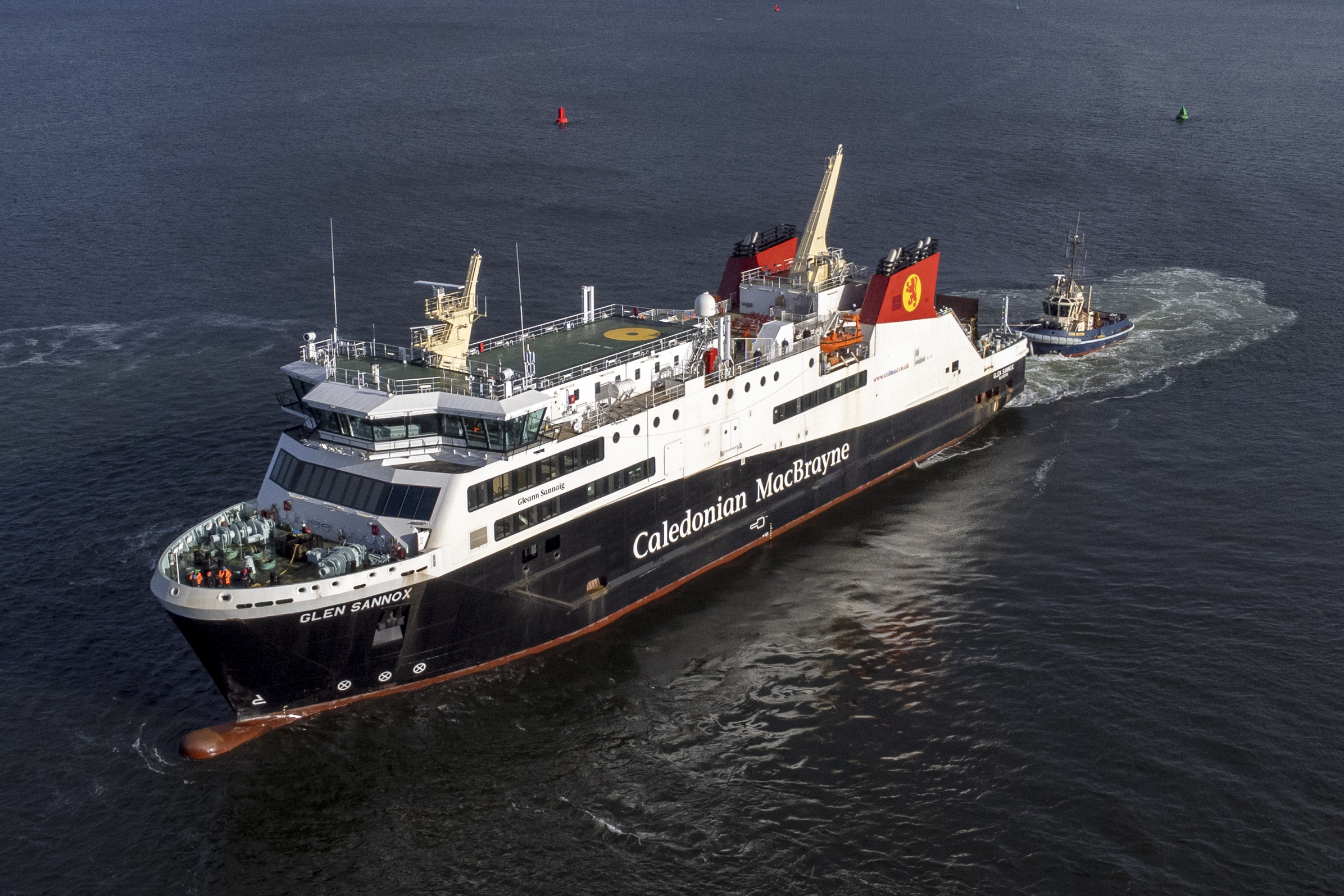 The Caledonian MacBrayne ferry MV Glen Sannox undergoes a sea trial, accompanied by tugs, on a short trip under her own propulsion from Ferguson Marine yard in Port Glasgow, Inverclyde. Picture date: Tuesday February 13, 2024.