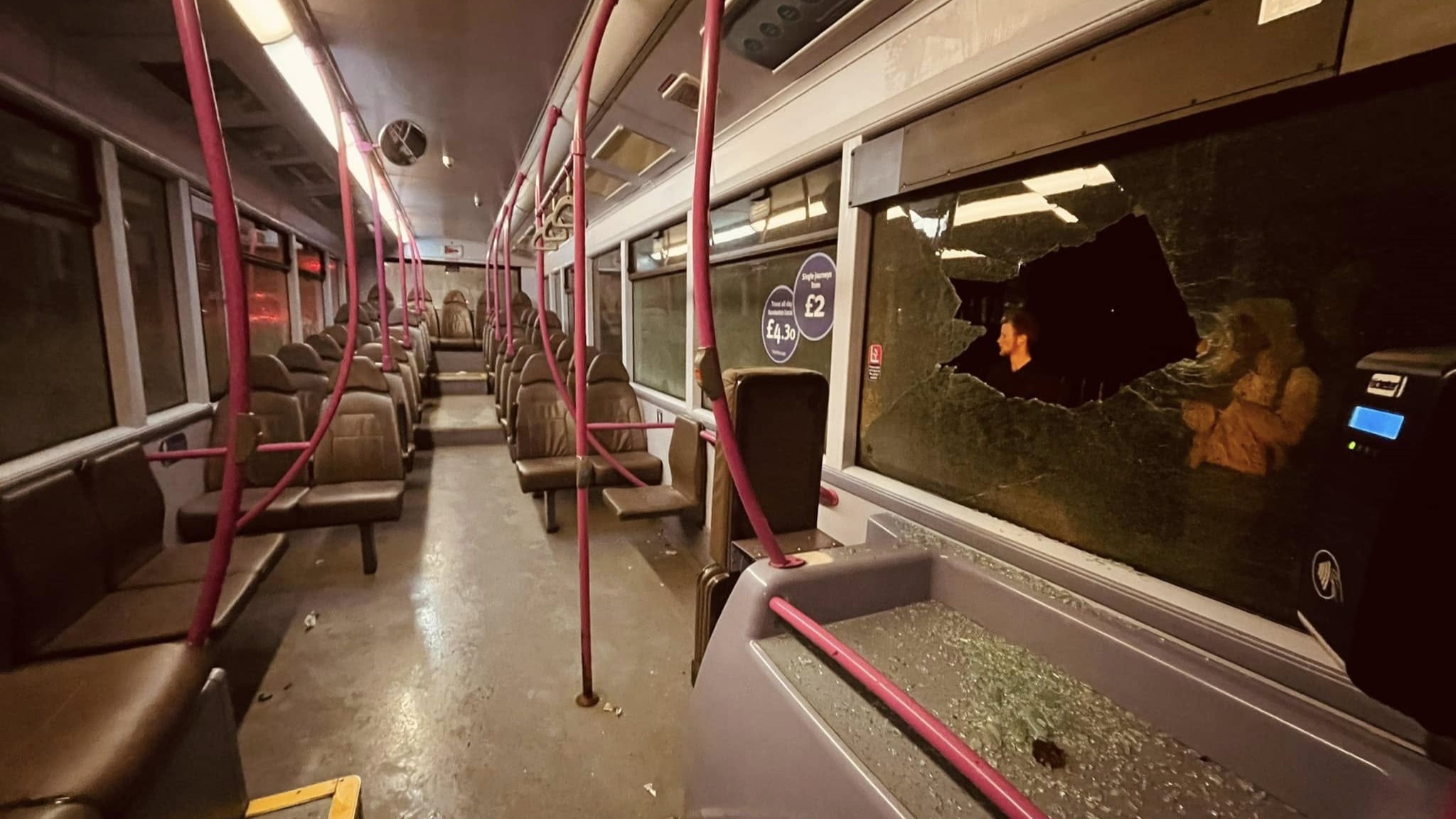 The bus windows were significantly damaged during the journey