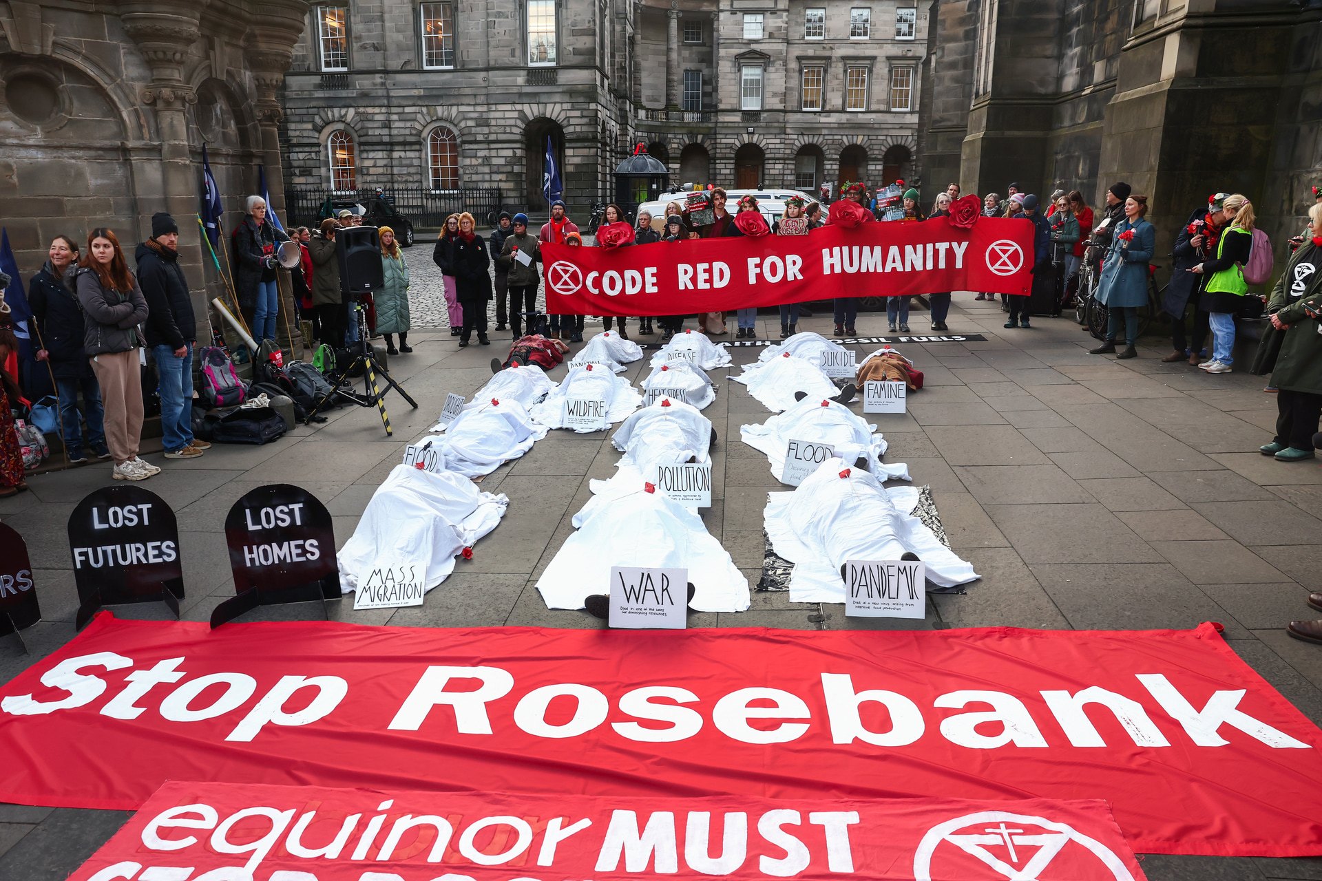 Climate activists demonstrate against Rosebank and Jackdaw developments outside of the court of session on November 12, 2024 in Edinburgh.