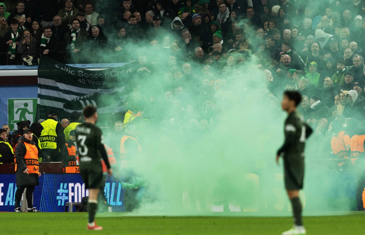 A flare lit by the Celtic crowd. 