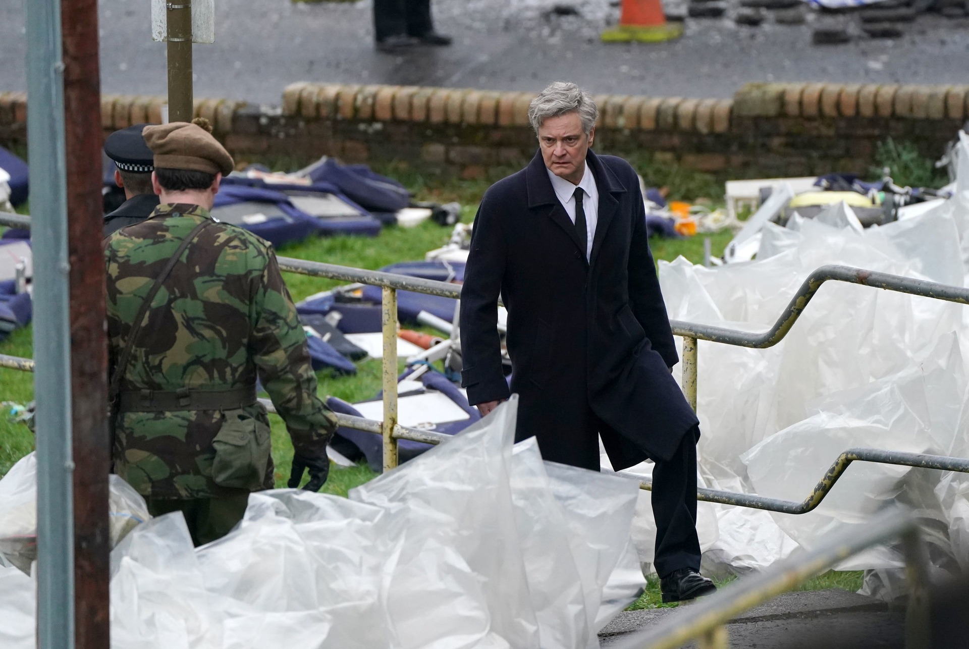 Colin Firth on set in Bathgate, West Lothian, during filming for Lockerbie: A Search for Truth (Andrew Milligan/PA) 