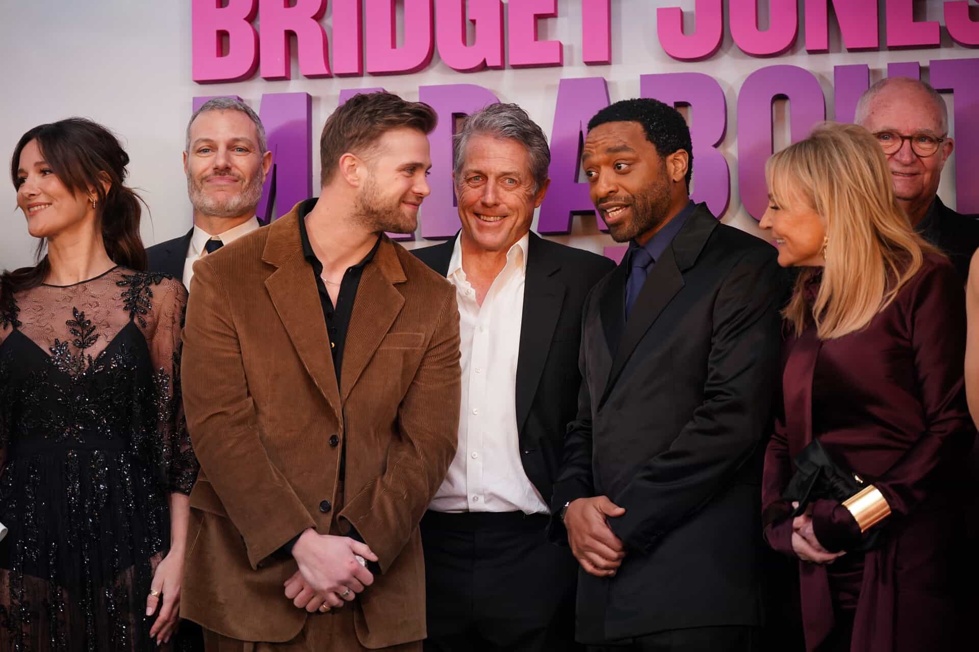 Left to right, Sarah Solemani, director Michael Morris, Leo Woodall, Hugh Grant, Chiwetel Ejiofor, Helen Fielding and Jim Broadbent attend the Bridget Jones: Mad About the Boy world premiere (Yui Mok/PA) 