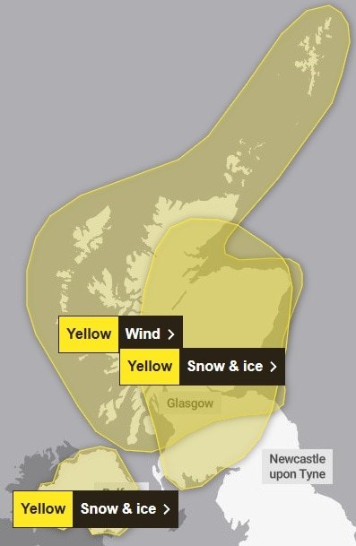 Met Office weather warnings for wind, snow and ice remain in place across Scotland on Saturday, January 25.