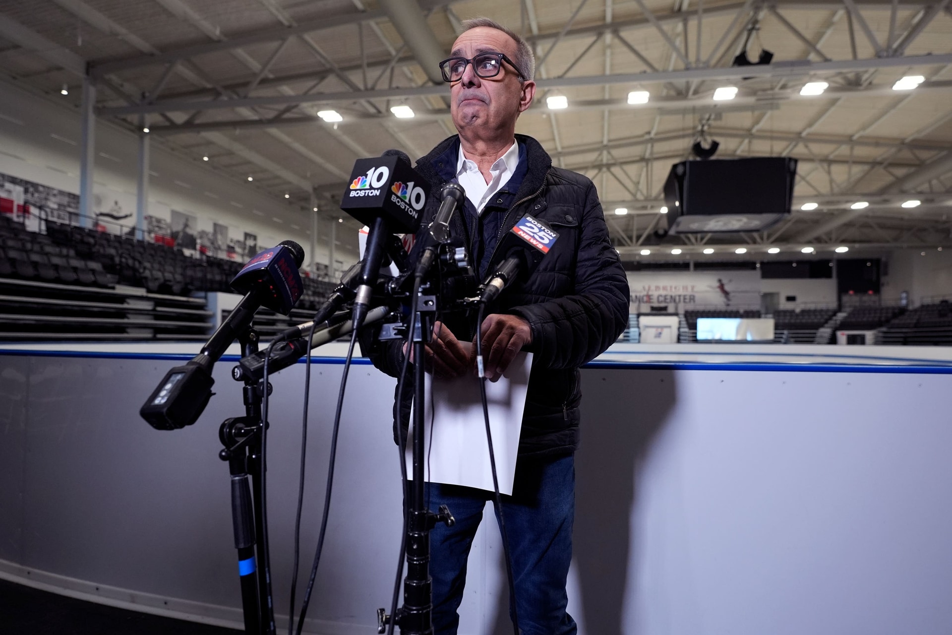 Doug Zeghibe, chief executive of The Skating Club of Boston, announces that six athletes, coaches and family are believed to have perished in the crash