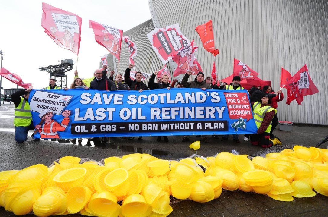 Grangemouth protesters lay 400 hard hats outside Scottish Labour conference