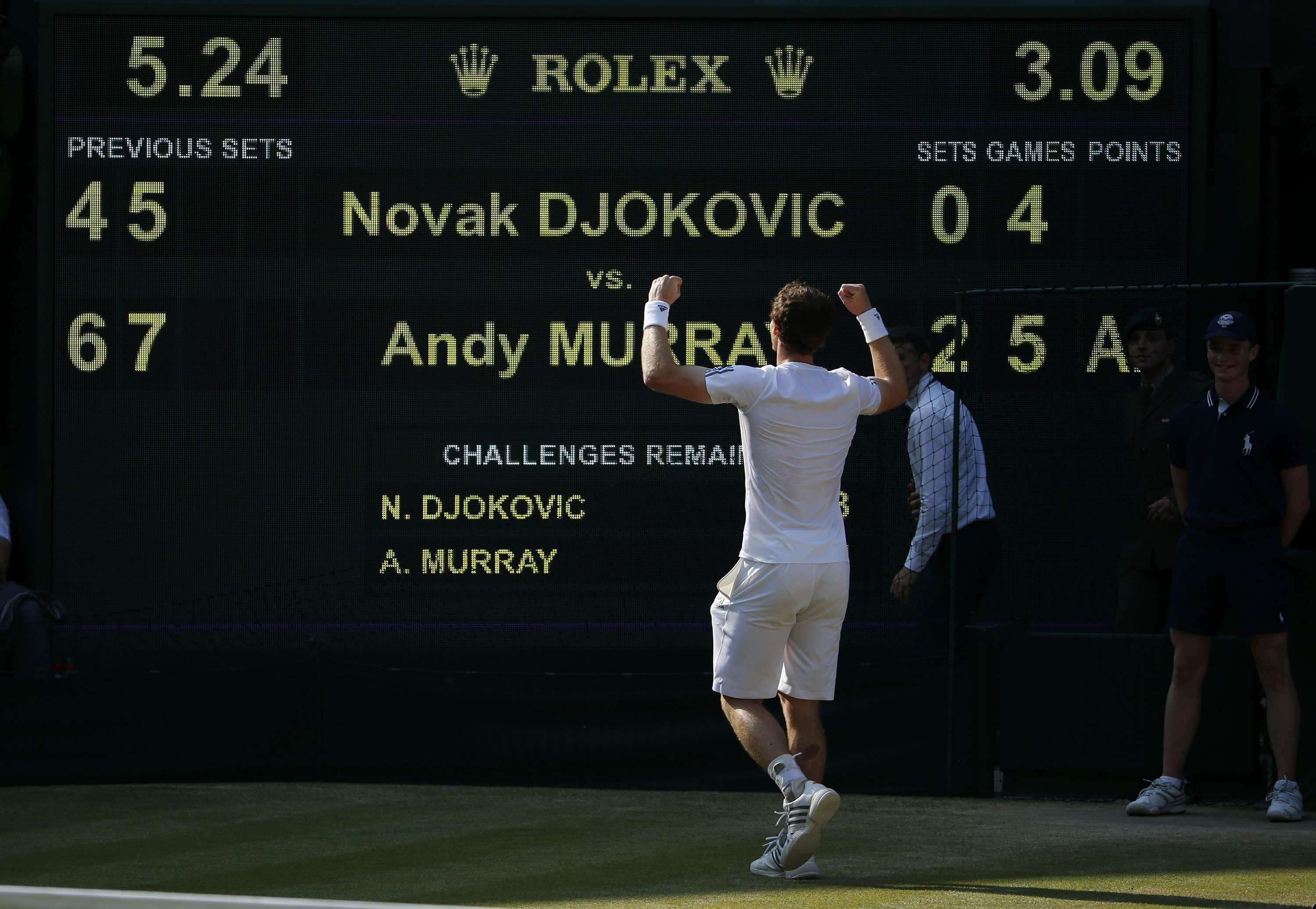Murray beat Djokovic to win his first Wimbledon crown.