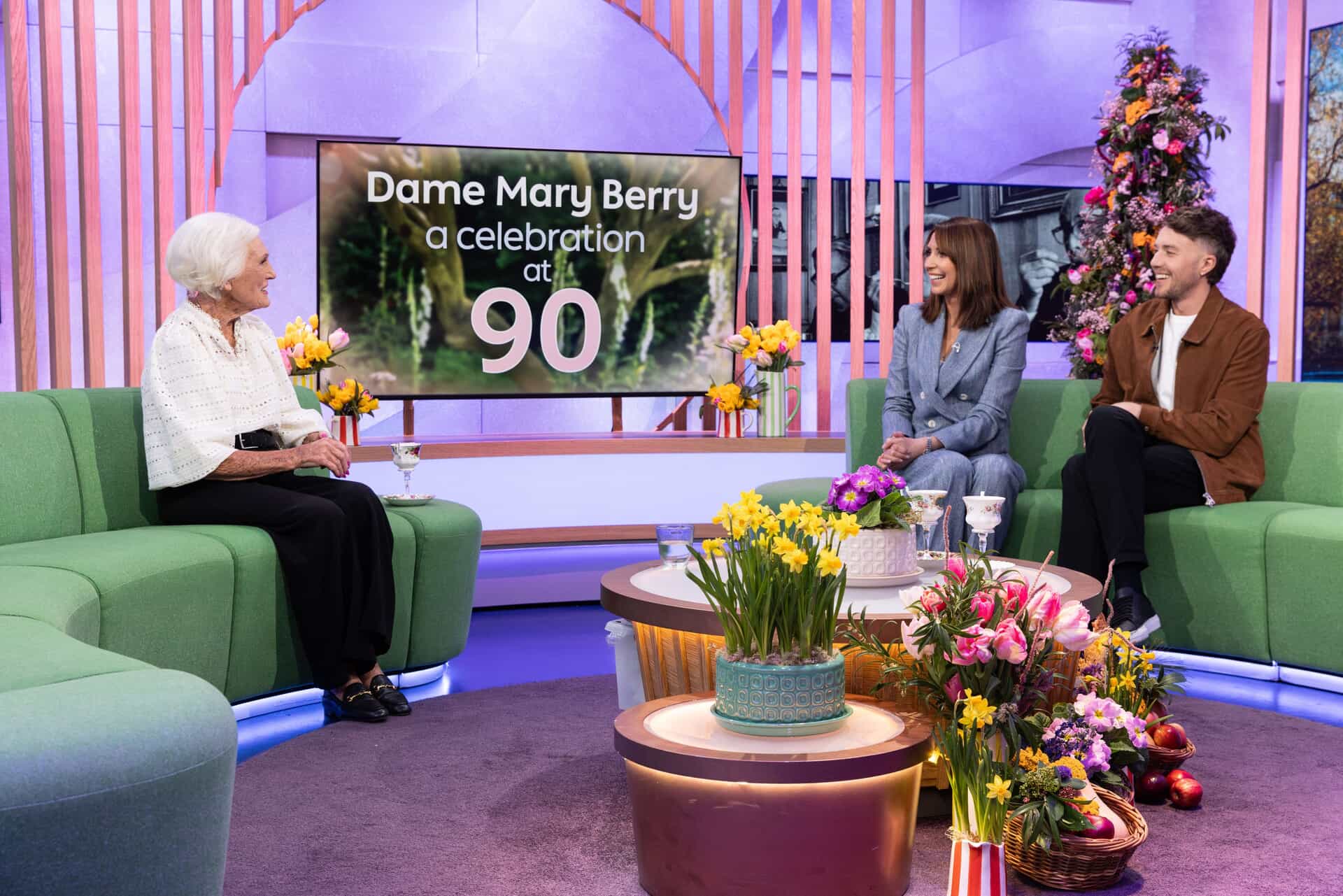 Dame Mary Berry with hosts Alex Jones and Roman Kemp during an episode of The One Show (Ruth Roxanne Board/BBC/PA) 