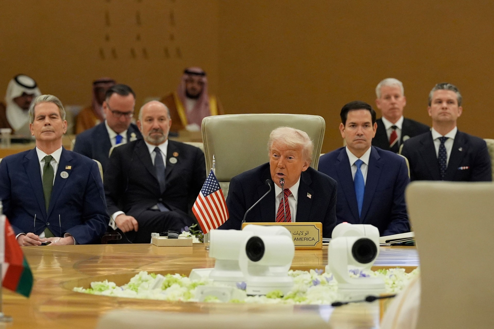 US President Donald Trump, left, Saudi Arabia’s Crown Prince Mohammed bin Salman, centre, and Syria’s interim president Ahmad al-Sharaa in Riyadh, Saudi Arabia